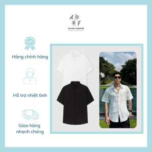 Áo sơ mi nam tay ngắn trắng đen Alcagi Fashion, Vải chéo thái mềm mịn, basic